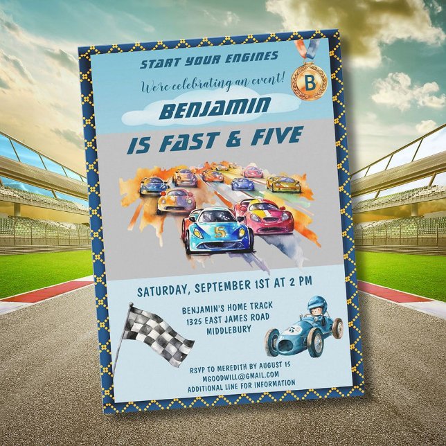 Boy Auto Car Racing Theme 5th Birthday Party Invitation (Creator Uploaded)