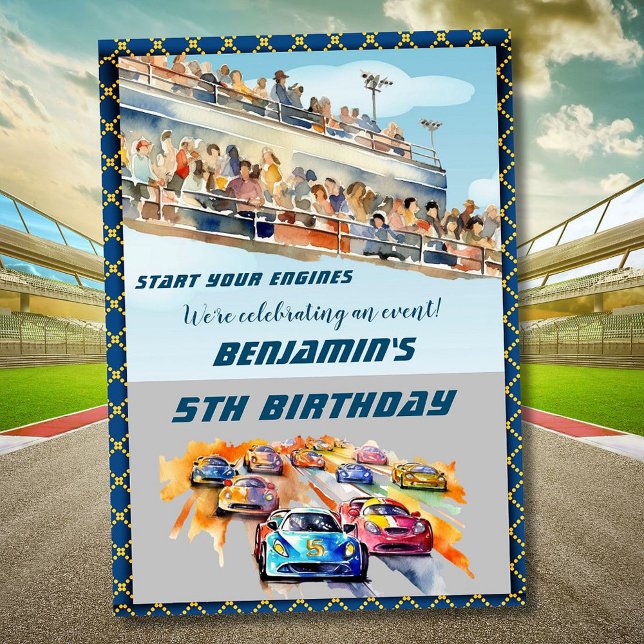 Boy Auto Car Racing Theme 5th Birthday Party Invitation (Creator Uploaded)