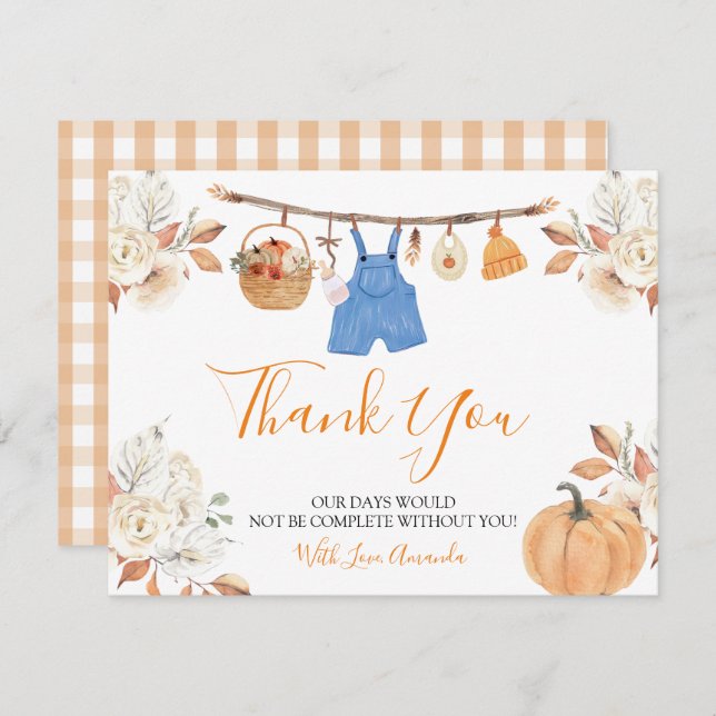 Boy Autumn Clothes Pumpkin Fall Baby Shower Thank You Card (Front/Back)