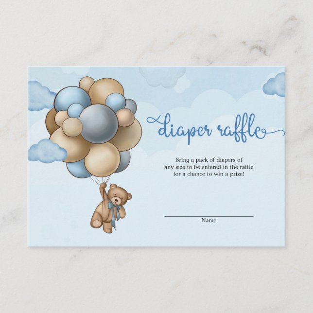 Boy baby bear brown blue balloons diaper raffle enclosure card (Front)