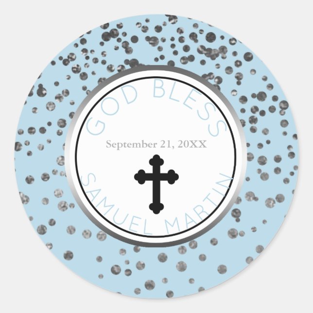 Boy Baby Blue Silver Personalised Religious Favour Classic Round Sticker (Front)