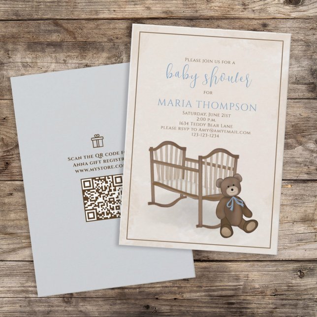 Boy Baby Blue Teddy Bear QR Code Gift Registry  Invitation (Creator Uploaded)