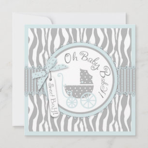BOY Baby Carriage, Zebra Print & Blue Baby Shower Invitation