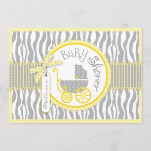 BOY Baby Carriage, Zebra Print, Yellow Baby Shower Invitation
