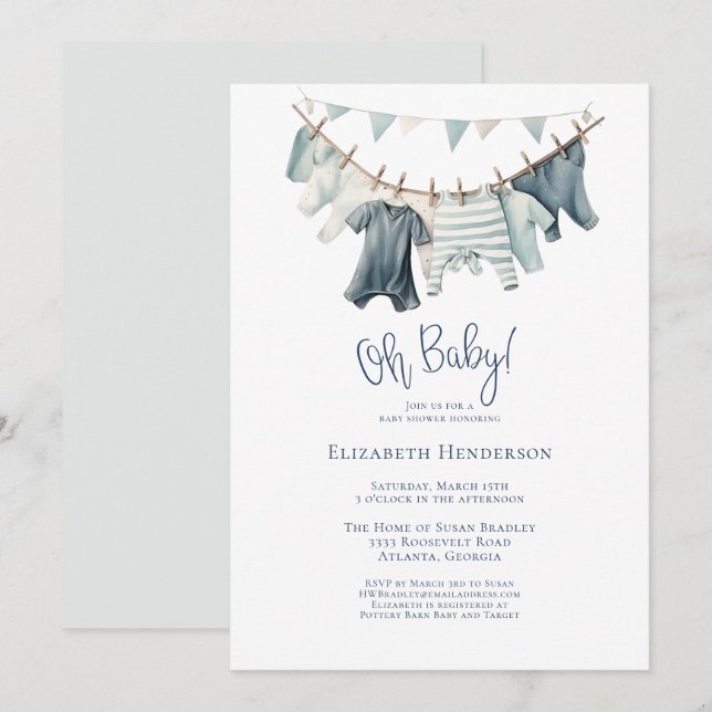 Boy Baby Clothes Clothesline Boy Baby Shower Invitation (Front/Back)
