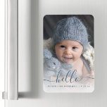 Boy Baby Photo Blue Hello Birth Announcement Magnet<br><div class="desc">Celebrate the arrival of your new baby boy with this keepsake flexible magnet, featuring the word "hello" in elegant blue handwriting script with swashes at the beginning and end. Personalise it with baby's name and birth date, and replace the sample image with your favourite baby photo. A white gradient filter...</div>