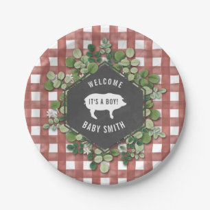 Boy Baby Q Botanical Gingham Baby Shower Paper Plate