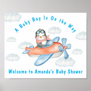 Boy Baby Shower Aeroplane Blue Penguin Poster