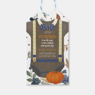Boy baby shower autum fall blue burlap bodysuit gift tags
