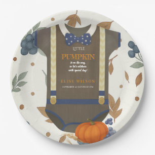 Boy baby shower autum fall blue burlap bodysuit paper plate