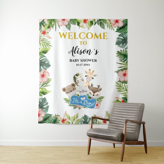 Boy Baby Shower BACKDROP | Cute Gold Safari Friend Tapestry (In Situ)