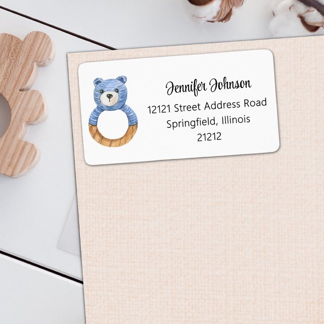 Boy Baby Shower Blue Bear Return Address Label (Creator Uploaded)