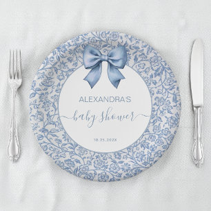 Boy Baby Shower Blue Bow Floral Pattern Script Paper Plate