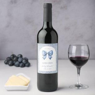 Boy Baby Shower Blue Bow White Arch Floral Pattern Wine Label