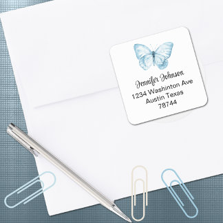 Boy Baby Shower Blue Butterfly Address Square Sticker