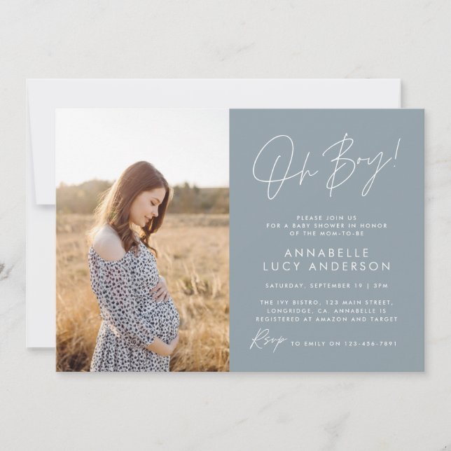 Boy baby shower blue elegant  photo invitation (Front)
