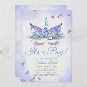 Boy Baby Shower Blue Fantasy Sleeping Unicorn Invitation