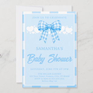 Boy Baby Shower Blue Gingham Bow Invitation