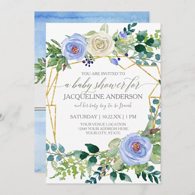 Boy Baby Shower Blue n White Roses Geometric Frame Invitation (Front/Back)