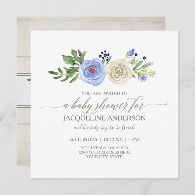 Boy Baby Shower Blue n White Roses Rustic Wood Invitation (Front/Back)
