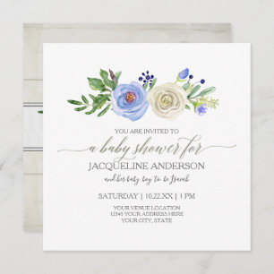 Boy Baby Shower Blue n White Roses Rustic Wood Invitation