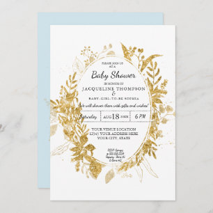 Boy Baby Shower Blue Watercolor Eucalyptus w Gold Invitation
