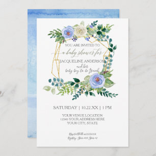 Boy Baby Shower Blue White Roses Watercolor Wreath Invitation