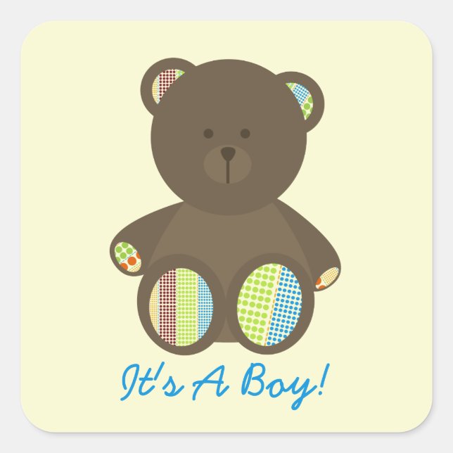 Boy Baby Shower Brown Stuffed Bear Boho Dots Square Sticker (Front)