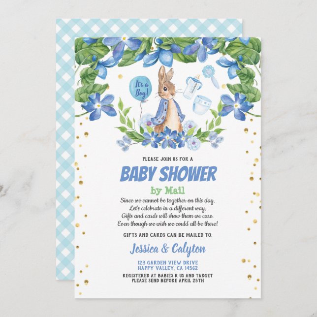 Boy baby shower by mail Bunny Rabbit blue Invitation (Front/Back)