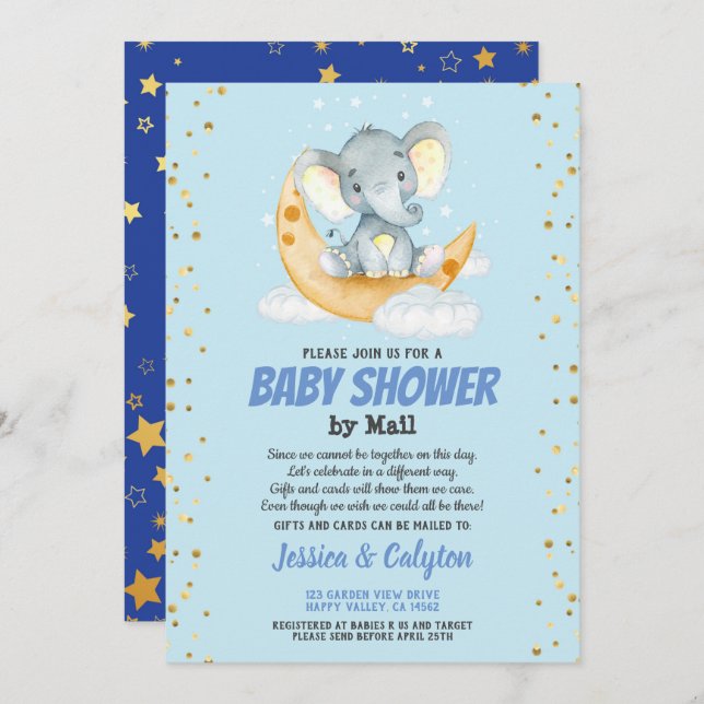 Boy baby shower by mail elephant moon and star invitation (Front/Back)