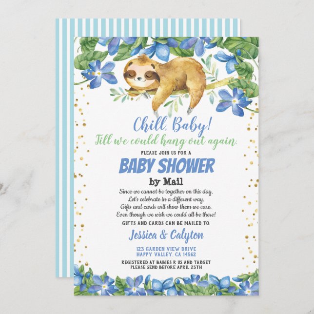 Boy baby shower by mail sloth blue flower invitation (Front/Back)