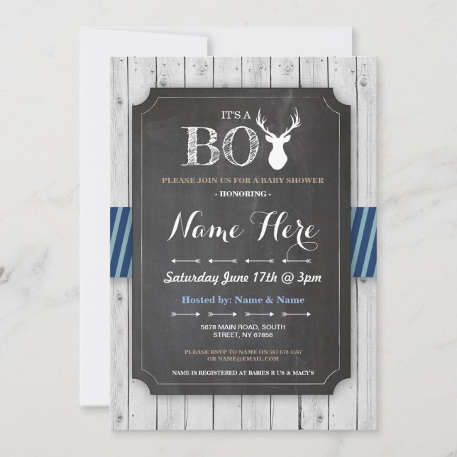 Boy Baby Shower Chalk Wood Antler Stag Invite (Front)
