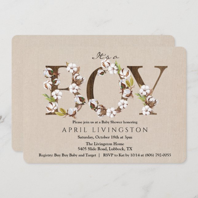 Boy Baby Shower Cotton Alphabet Invitation (Front/Back)