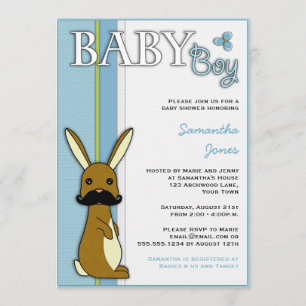 Boy Baby Shower Cute Bunny with Moustache - Blue Invitation