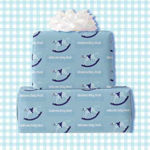 Boy Baby Shower Cute Rocking Horse Name Blue Wrapping Paper