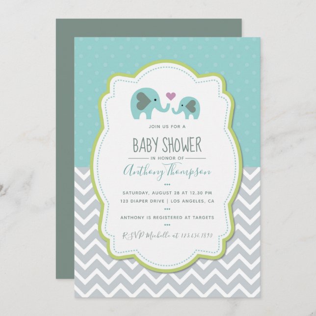 Boy Baby Shower Elephants Invitation (Front/Back)
