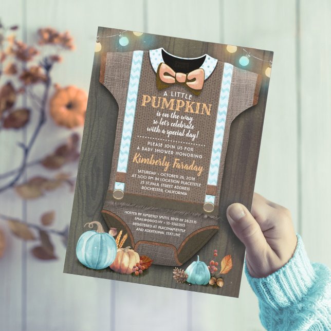 Boy Baby Shower Fall Pumpkin Rustic Burlap Wood Invitation (Orange and Blue Rustic Fall Baby Shower Invitations)