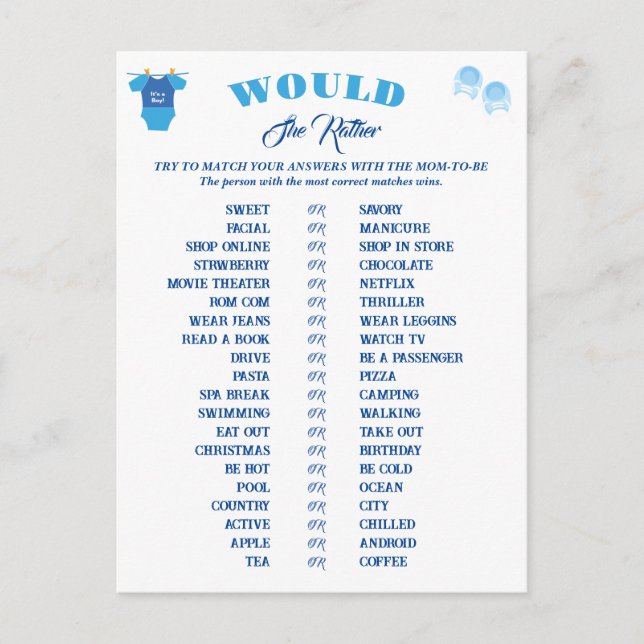 Boy Baby Shower Games Prediction and Advice.  Postcard (Front)