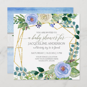 Boy Baby Shower Geometric w Blue n White Roses Invitation