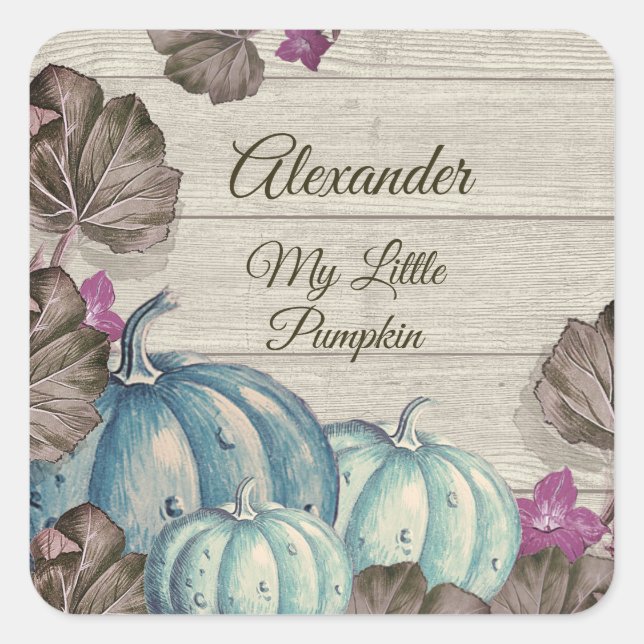 Boy Baby Shower Grey Wood Autumn Blue Pumpkin Square Sticker (Front)