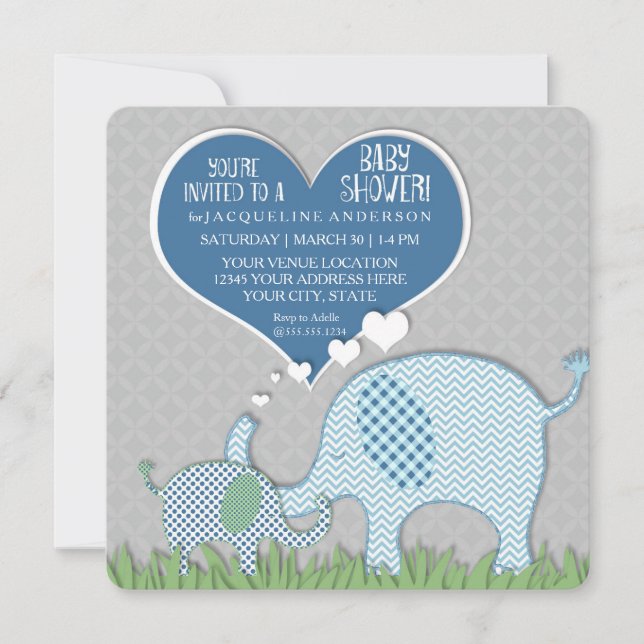 Boy Baby Shower Heart Elephants Retro Modern Invitation (Front)