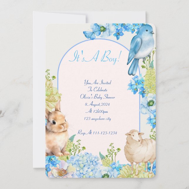 boy baby shower invitation blue watercolor design (Front)