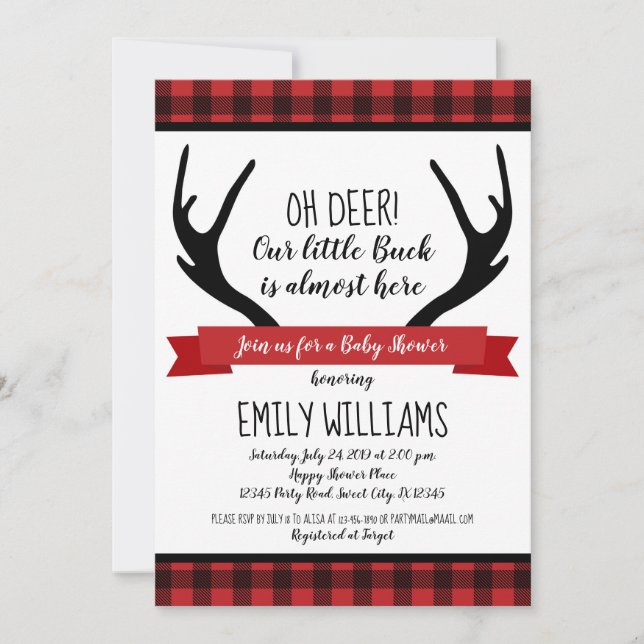 Boy baby shower invitation Buffalo Plaid Deer (Front)