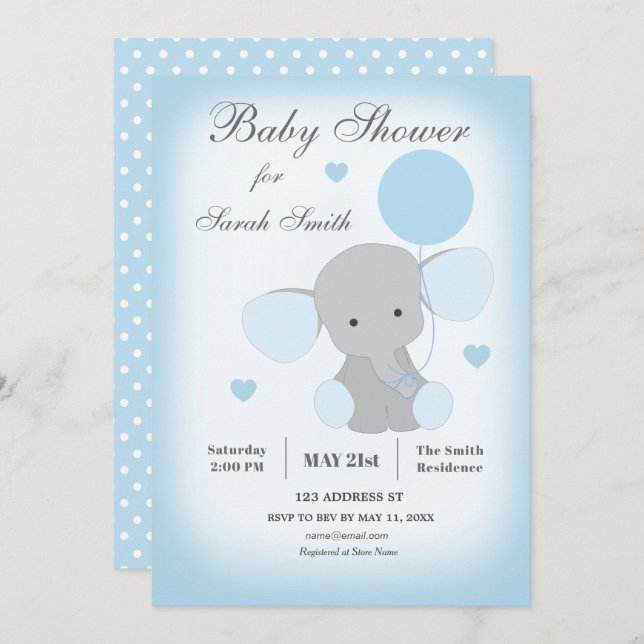 Boy Baby Shower Invitation Elephant Blue (Front/Back)