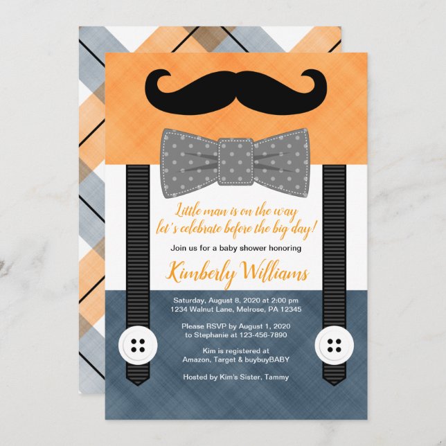 boy baby shower invitation little man orange navy (Front/Back)