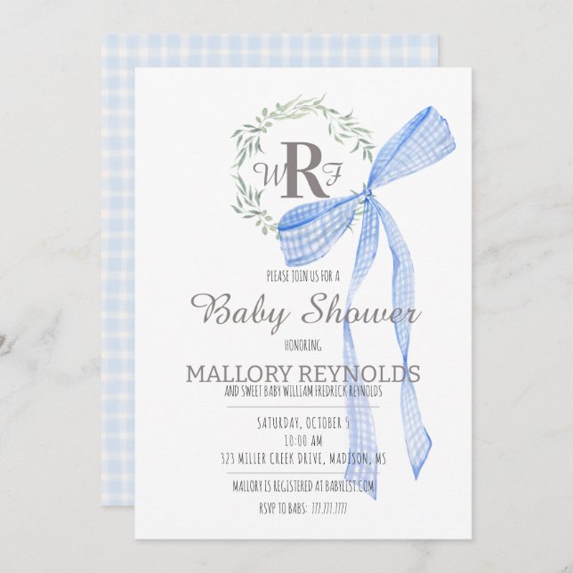 Boy Baby Shower Invitation Monogram & Gingham Bow (Front/Back)