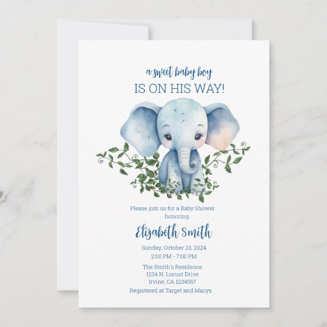 Boy Baby Shower Invitation Template Elephant (Front)