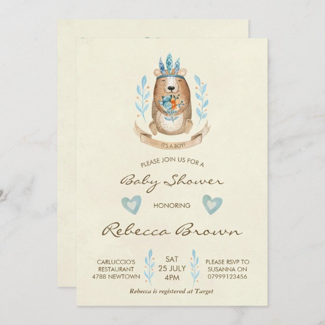 boy baby shower invitation woodland forest bear (Front/Back)
