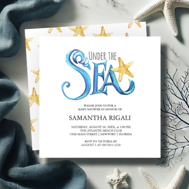 Boy Baby Shower Invitations Watercolor Starfish (Boy baby shower invitations under the sea theme blue and orange watercolor art Victoria Grigaliunas)