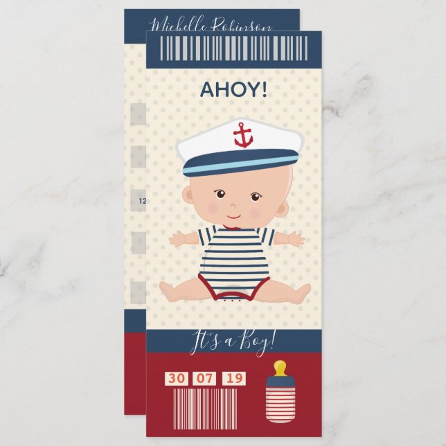 Boy Baby Shower Nautical Boarding Pass Ticket Invitation (Front/Back)